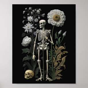 Vintage boho magic floral skeleton in black poster