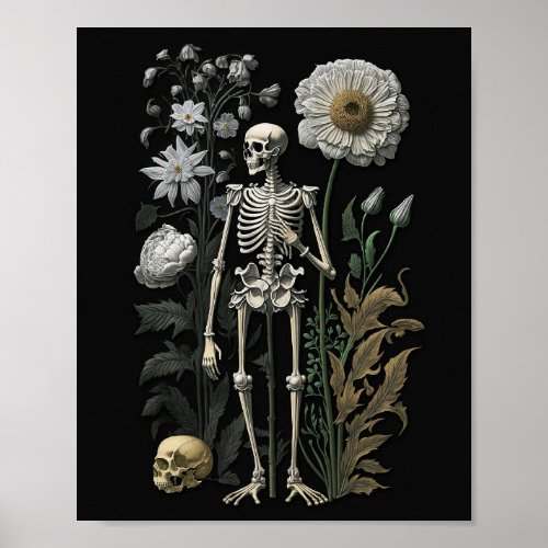 Vintage boho magic floral skeleton in black poster