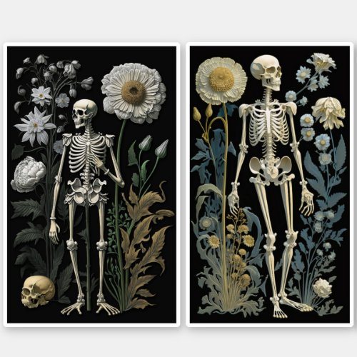 Vintage boho magic floral skeleton in black  sticker