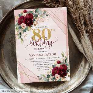 Vintage Boho Merlot Gold Flowers 80th Birthday Invitation