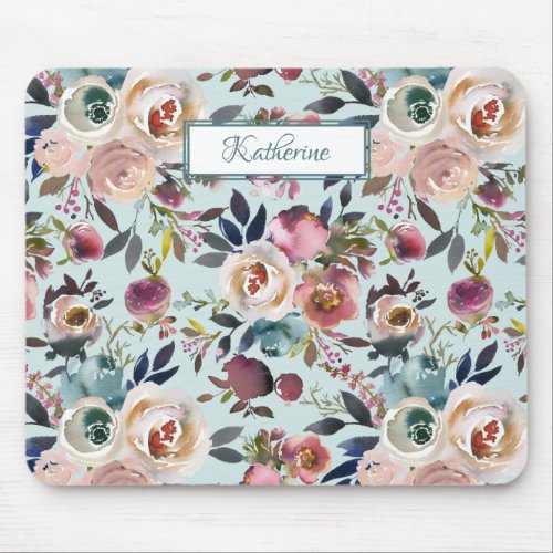 Vintage Boho Named Painted Roses Dusty Green Mouse Pad