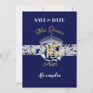 Vintage Boho Navy Silver Quinceañera Spanish Save The Date