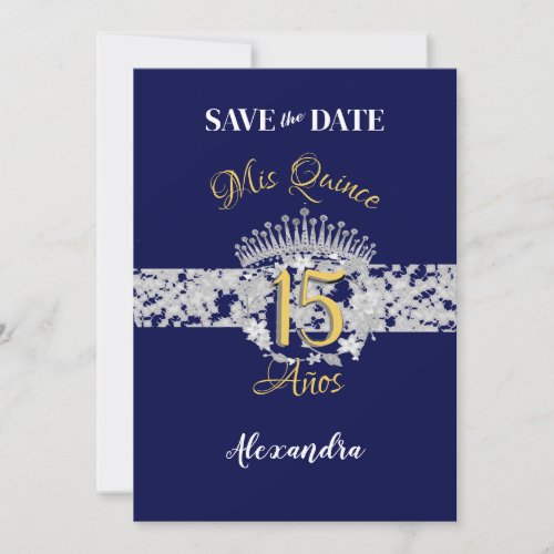 Vintage Boho Navy Silver Quinceaera Spanish  Save The Date