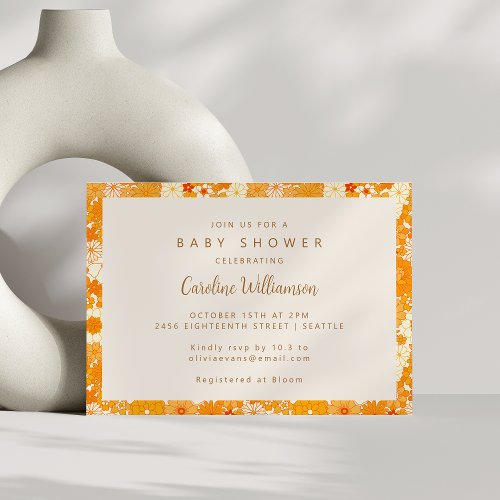 Vintage Boho Orange Floral Cute Baby Shower Invitation