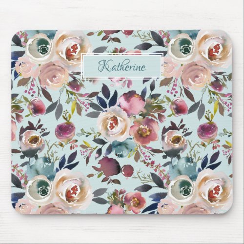 Vintage Boho Painted Roses Dusty Blue Blush Pink Mouse Pad