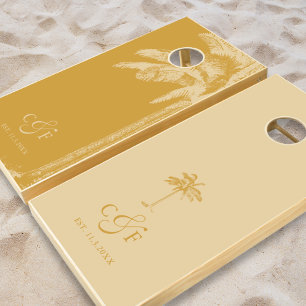 Vintage Boho Palm Tree Tropical Wedding Gold Tan Cornhole Set