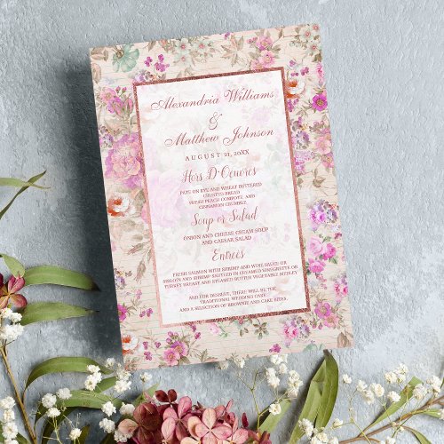 Vintage boho pink lavender coral floral Wedding Menu
