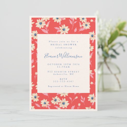 Vintage Boho Red and Blue Floral Bridal Shower  Invitation