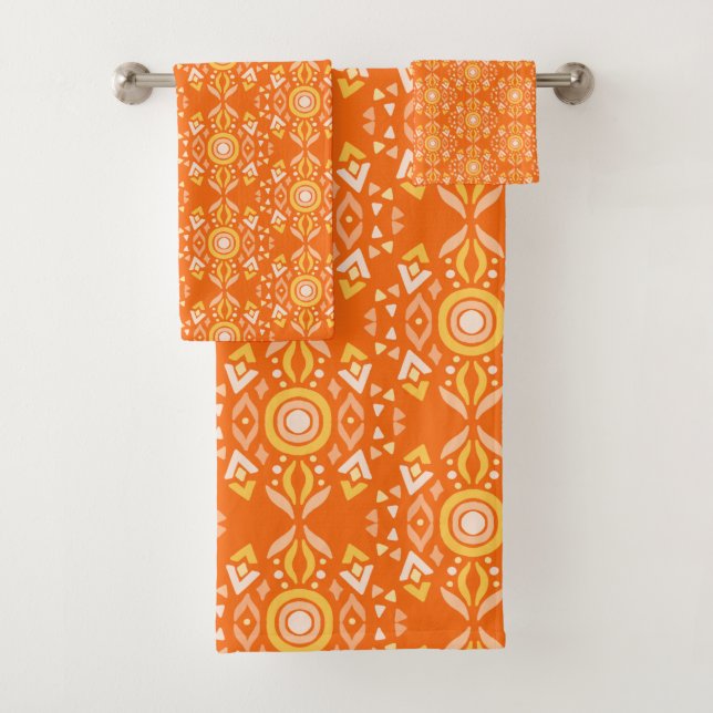 Vintage Boho Shapes Pattern in Orange and Yellow  Bath Towel Set (Insitu)
