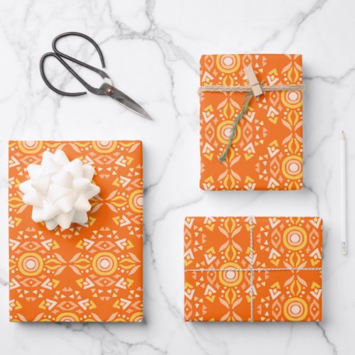Vintage Boho Shapes Pattern in Orange and Yellow Wrapping Paper Sheets