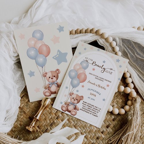 Vintage Boho Teddy Bear Blue Pink Balloons Shower  Invitation