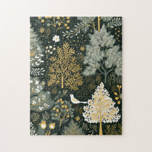 Vintage Boho White Green Gold Christmas Trees Jigsaw Puzzle