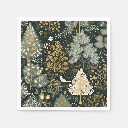 Vintage Boho White Green Gold Christmas Trees Napkins