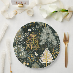 Vintage Boho White Green Gold Christmas Trees Paper Plates