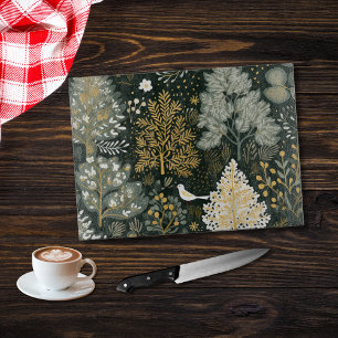 Vintage Boho White Green Gold Trees Bird Cutting Board