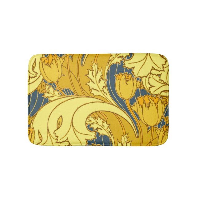 Vintage Bold Tulip Blue Gold Pattern Bathroom Mat (Front)