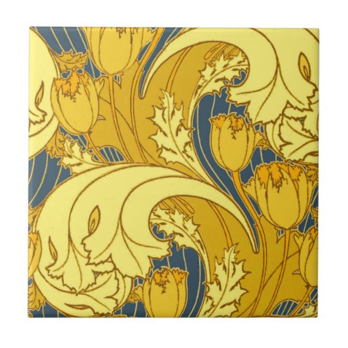 Vintage Bold Tulip Blue Gold Pattern Ceramic Tile