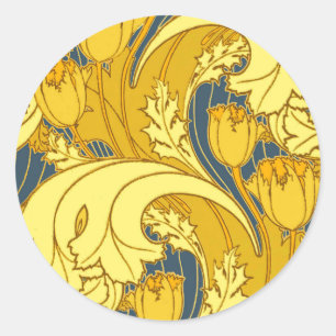 Vintage Bold Tulip Blue Gold Pattern Classic Round Sticker