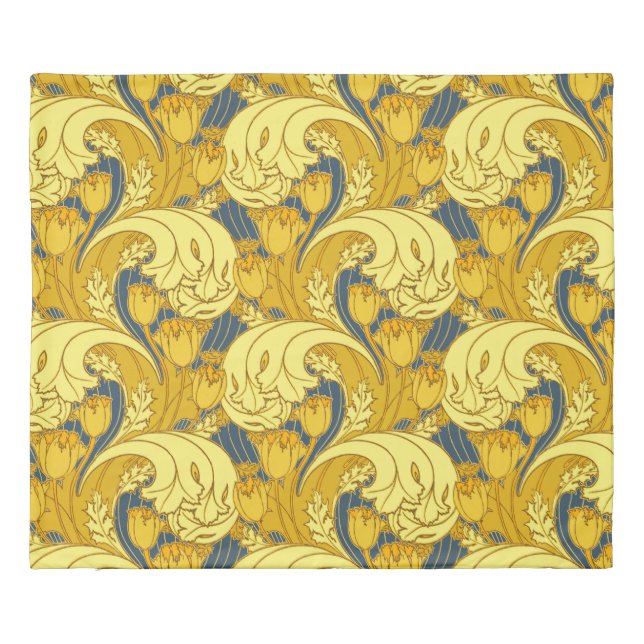Vintage Bold Tulip Blue Gold Pattern Duvet Cover (Back)