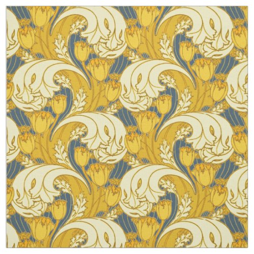 Vintage Bold Tulip Blue Gold Pattern Fabric
