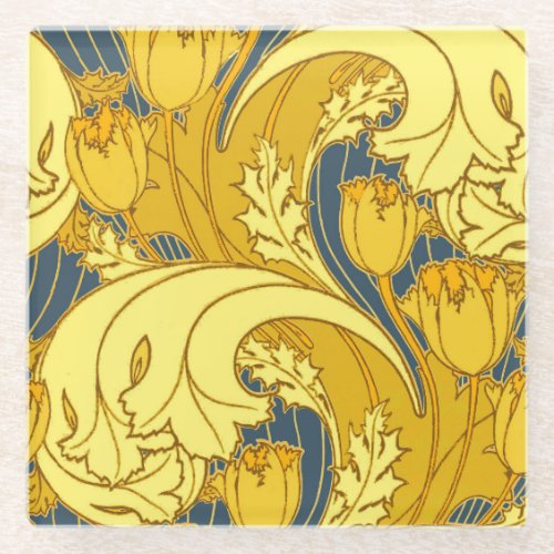 Vintage Bold Tulip Blue Gold Pattern Glass Coaster