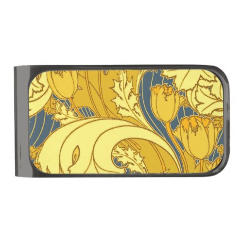 Vintage Bold Tulip Blue Gold Pattern Gunmetal Finish Money Clip