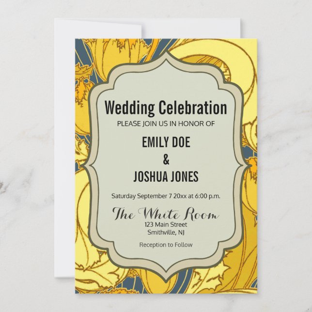 Vintage Bold Tulip Blue Gold Pattern Invitation (Front)