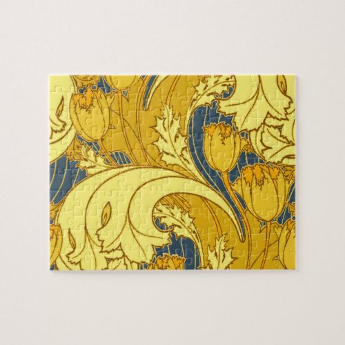 Vintage Bold Tulip Blue Gold Pattern Jigsaw Puzzle