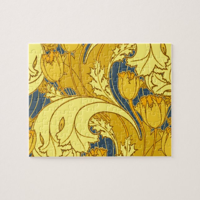 Vintage Bold Tulip Blue Gold Pattern Jigsaw Puzzle (Horizontal)
