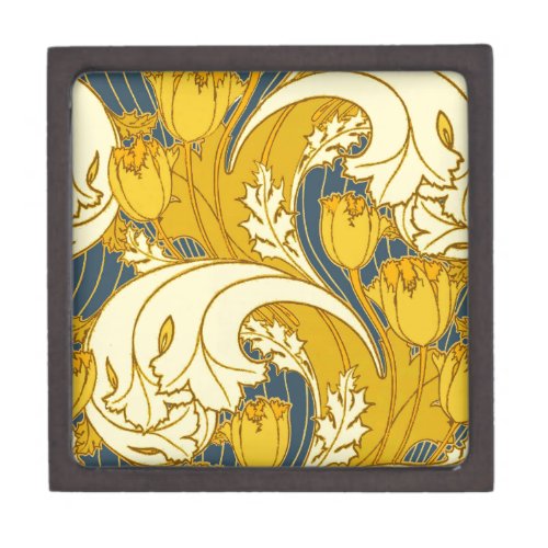 Vintage Bold Tulip Blue Gold Pattern Keepsake Box