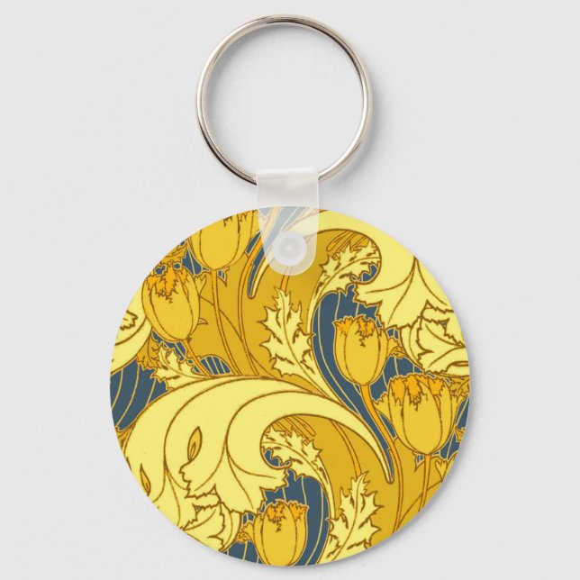 Vintage Bold Tulip Blue Gold Pattern Keychain (Front)