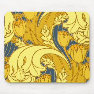 Vintage Bold Tulip Blue Gold Pattern Mouse Pad