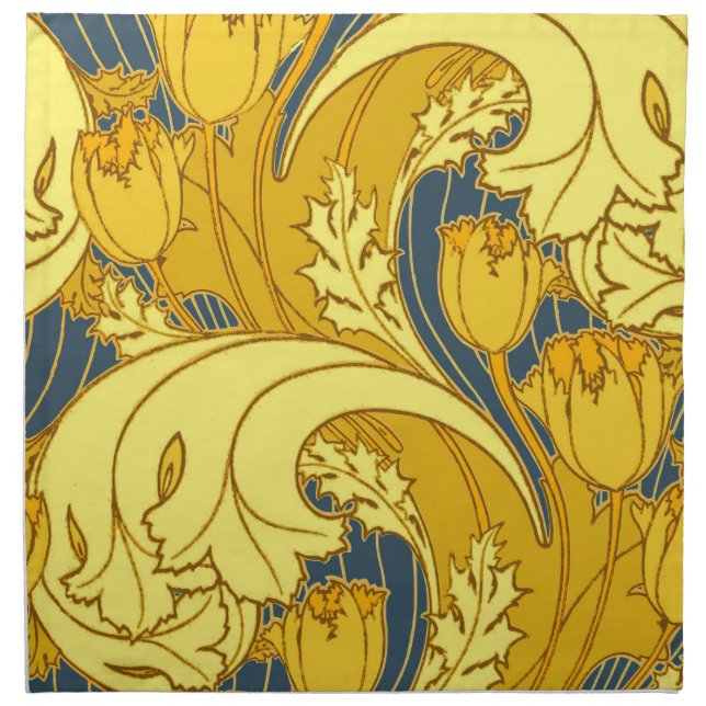 Vintage Bold Tulip Blue Gold Pattern Napkin (Front)