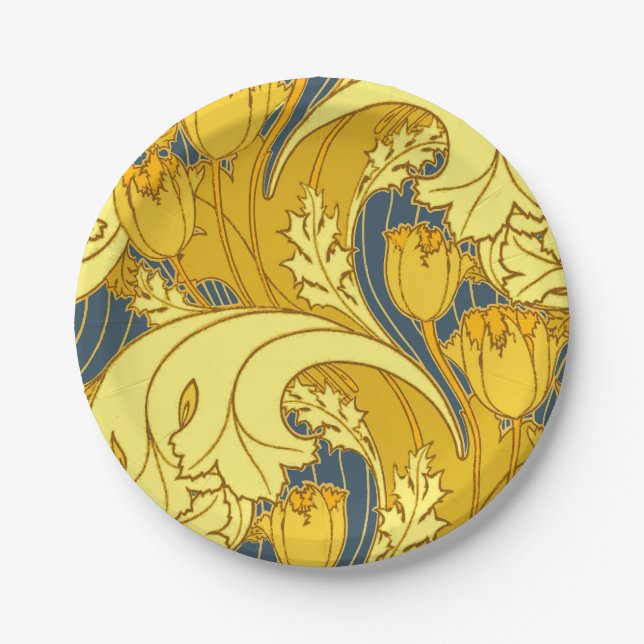 Vintage Bold Tulip Blue Gold Pattern Paper Plates (Front)