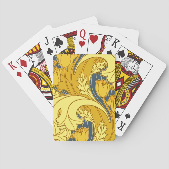 Vintage Bold Tulip Blue Gold Pattern Poker Cards (Back)