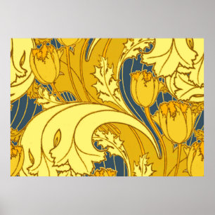 Vintage Bold Tulip Blue Gold Pattern Poster