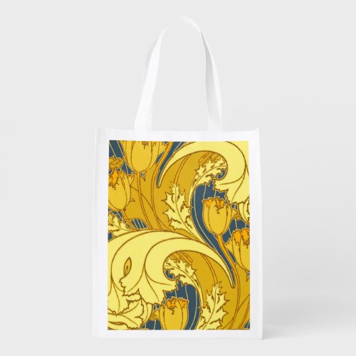 Vintage Bold Tulip Blue Gold Pattern Reusable Grocery Bag