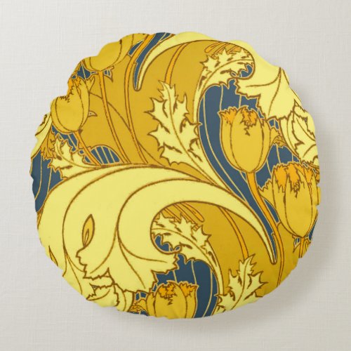 Vintage Bold Tulip Blue Gold Pattern Round Pillow