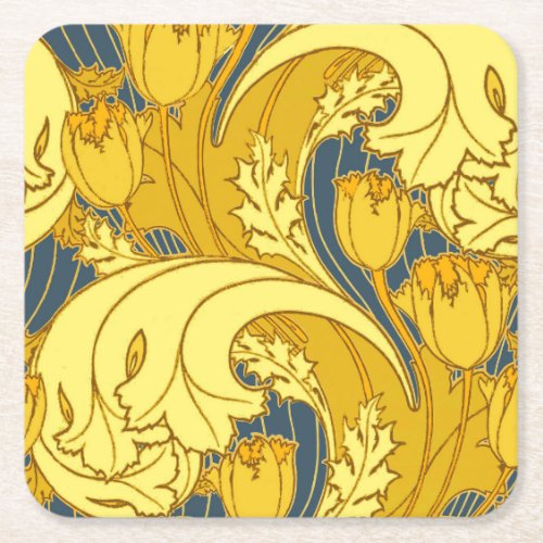 Vintage Bold Tulip Blue Gold Pattern Square Paper Coaster