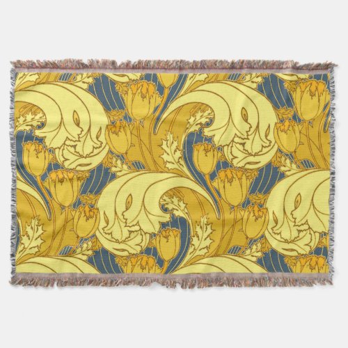 Vintage Bold Tulip Blue Gold Pattern Throw Blanket