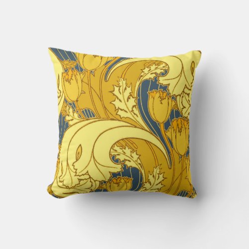 Vintage Bold Tulip Blue Gold Pattern Throw Pillow