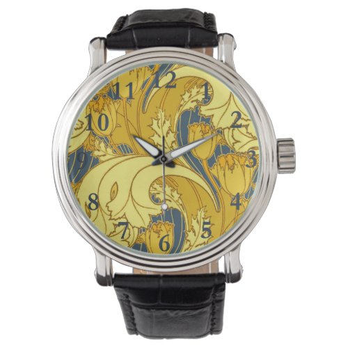 Vintage Bold Tulip Blue Gold Pattern Watch