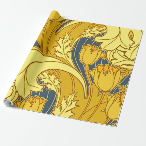 Vintage Bold Tulip Blue Gold Pattern Wrapping Paper