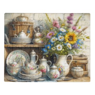 Vintage Bone China Dishes Teapot and Flowers  Jigsaw Puzzle