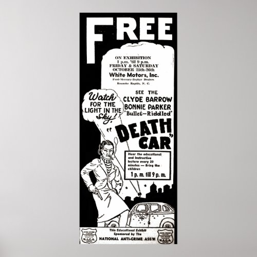 Vintage Bonnie and Clyde Death Car Advert Morbid Poster