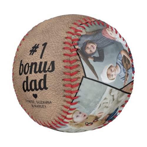 Vintage Bonus Dad Memento Baseball - Personalized father's day baseball featuring a rustic vintage brown leather background, the text "best bonus dad", a cute heart, and the childrens names. Plus 4 family photos for you to customize with your own to make this an extra special stepdad gift.
