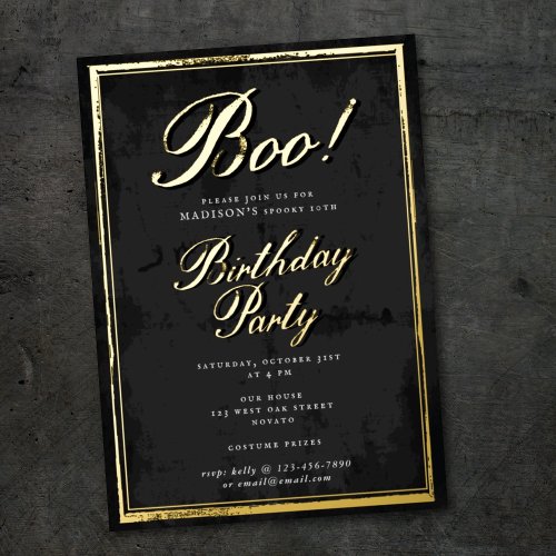 Vintage Boo Script Frame Halloween Party Gold Foil Holiday Card
