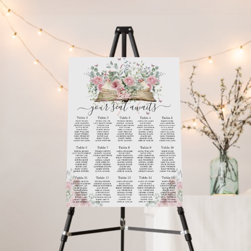 Vintage Book Blush Floral Bridal Seating Chart Foam Board