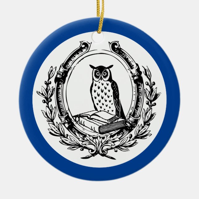 Vintage Book Bookplate Owl Blue Ceramic Ornament (Front)