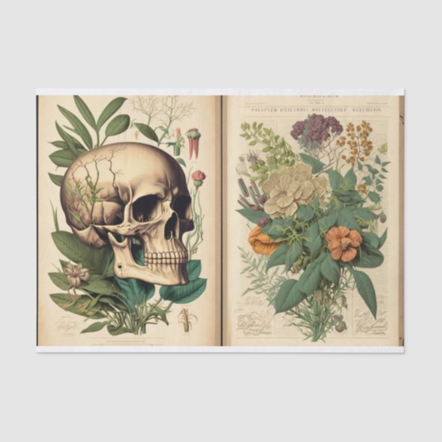Vintage Book Botany skull Decoupage Tissue Paper (Front)
